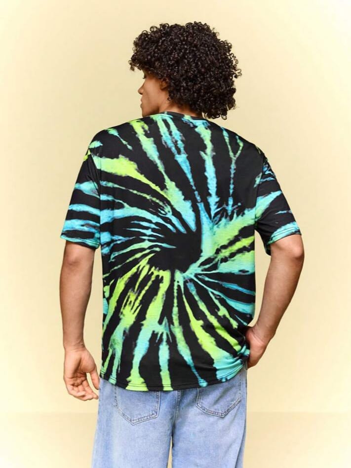 Mong Monkey Men's Tie-Dye & Cartoon Print Round Neck Short Sleeve T-Shirt